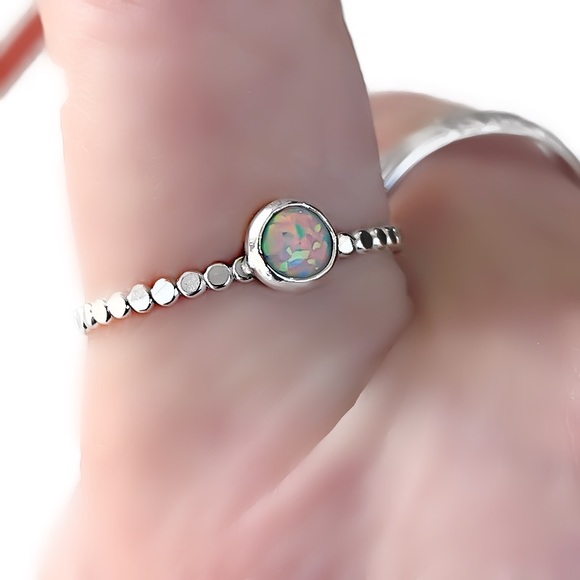 (2-13) 925 Sterling Silver 5MM Australian White Fire Opal Beaded Band Ring - Picture 9 of 15